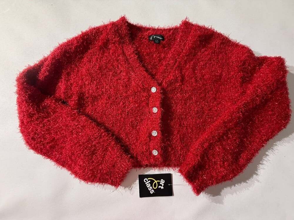 Art Class M 7/8 Red Fuzzy Eyelash Cardigan Rhinestone Buttons NWT